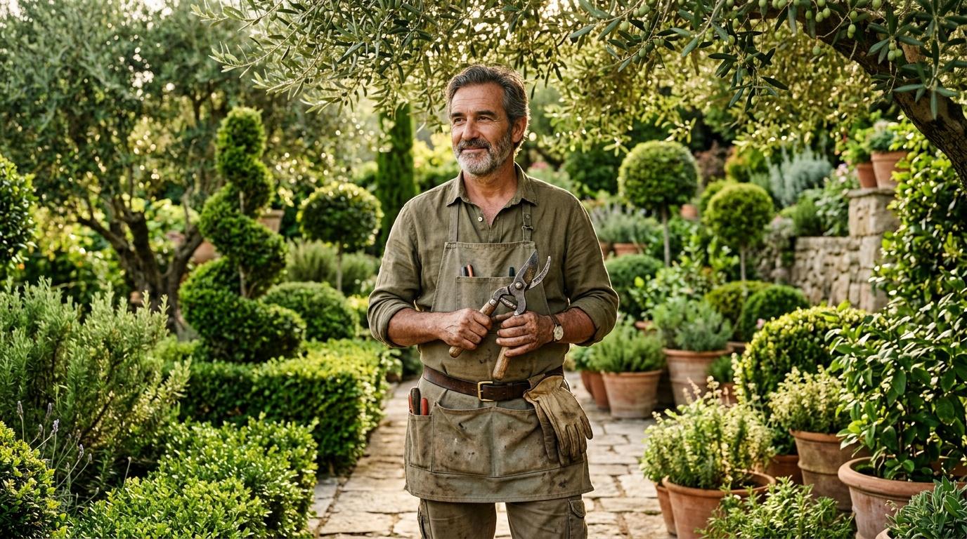 Homme avec outils de jardinage entouré de plantes vertes
