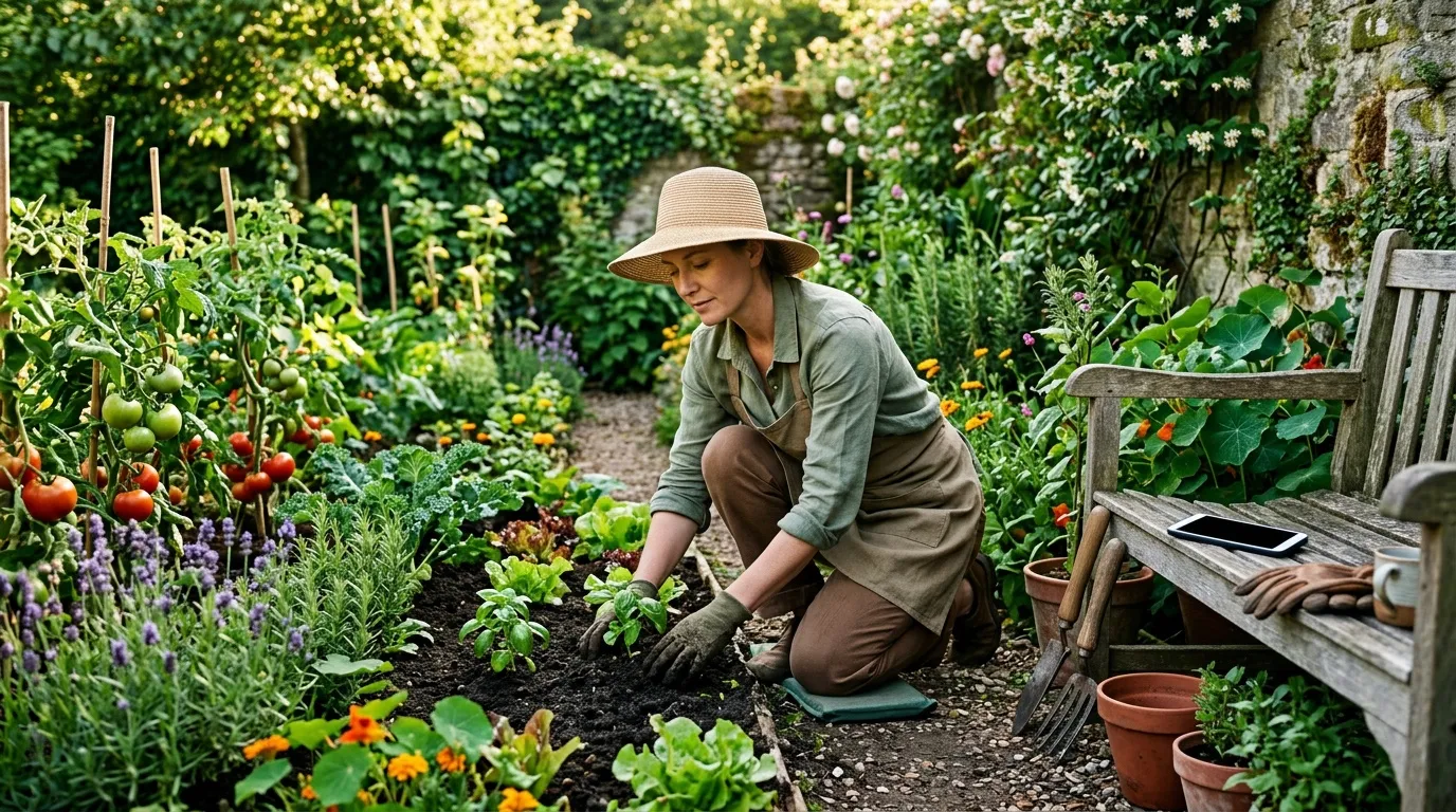 Femme cultive son jardin potager avec soin et enthousiasme.