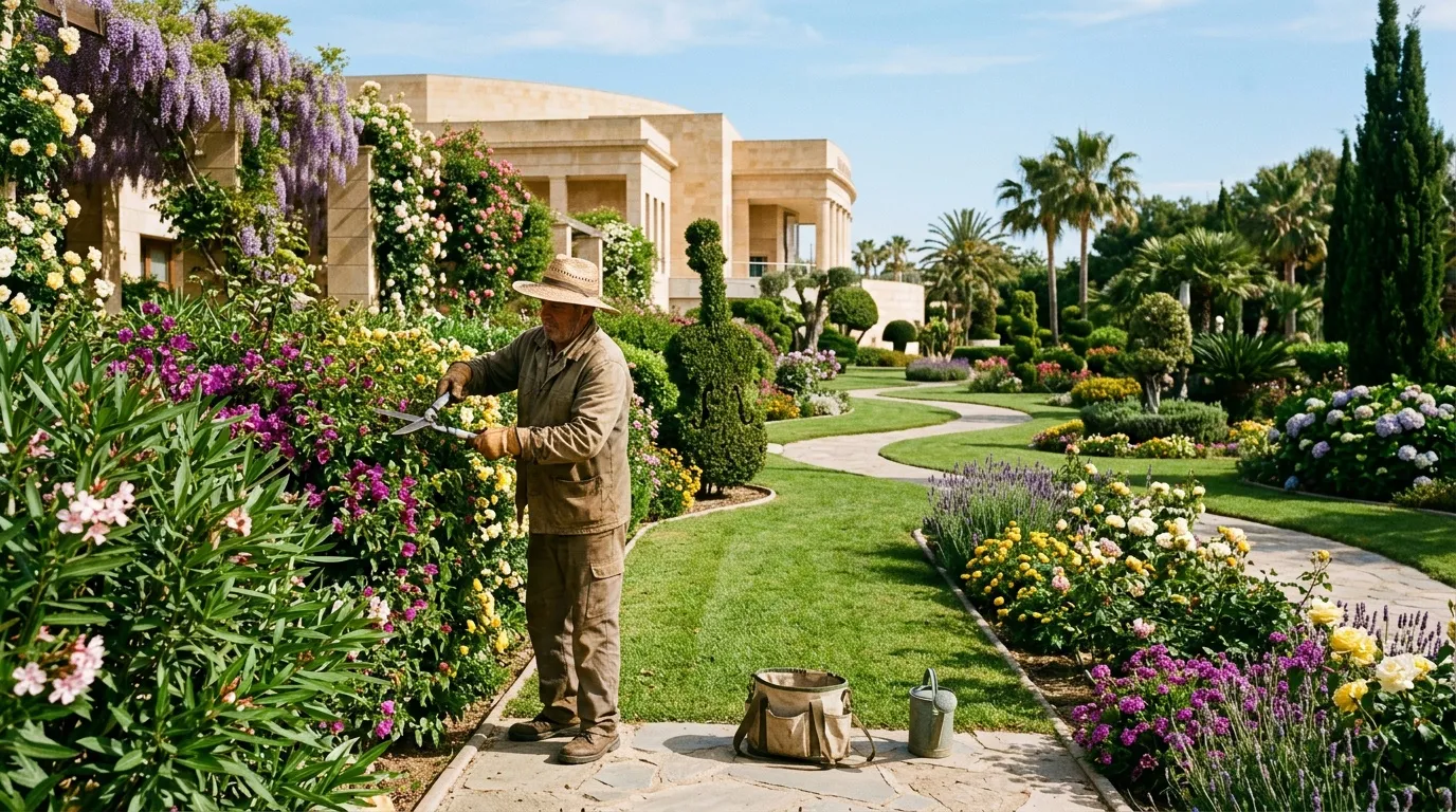 Homme jardinier taillant des fleurs roses dans un jardin méditerranéen luxuriant