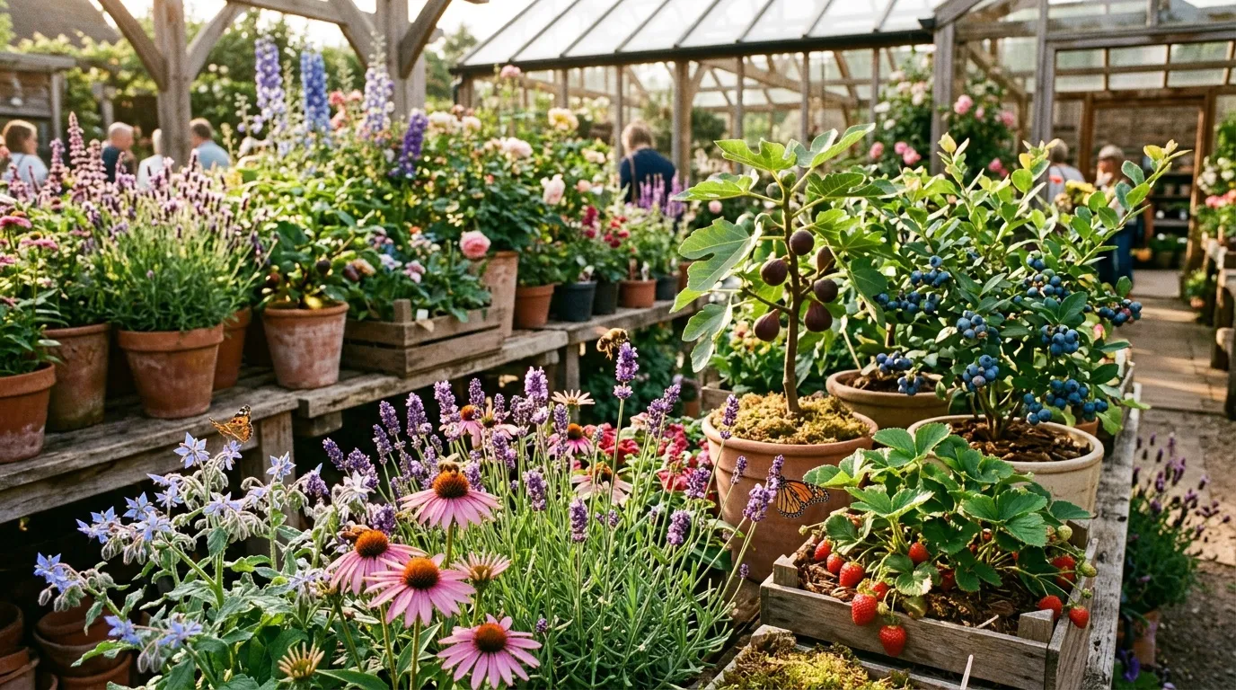 Serre avec fleurs variées, plantes et fruits en pots