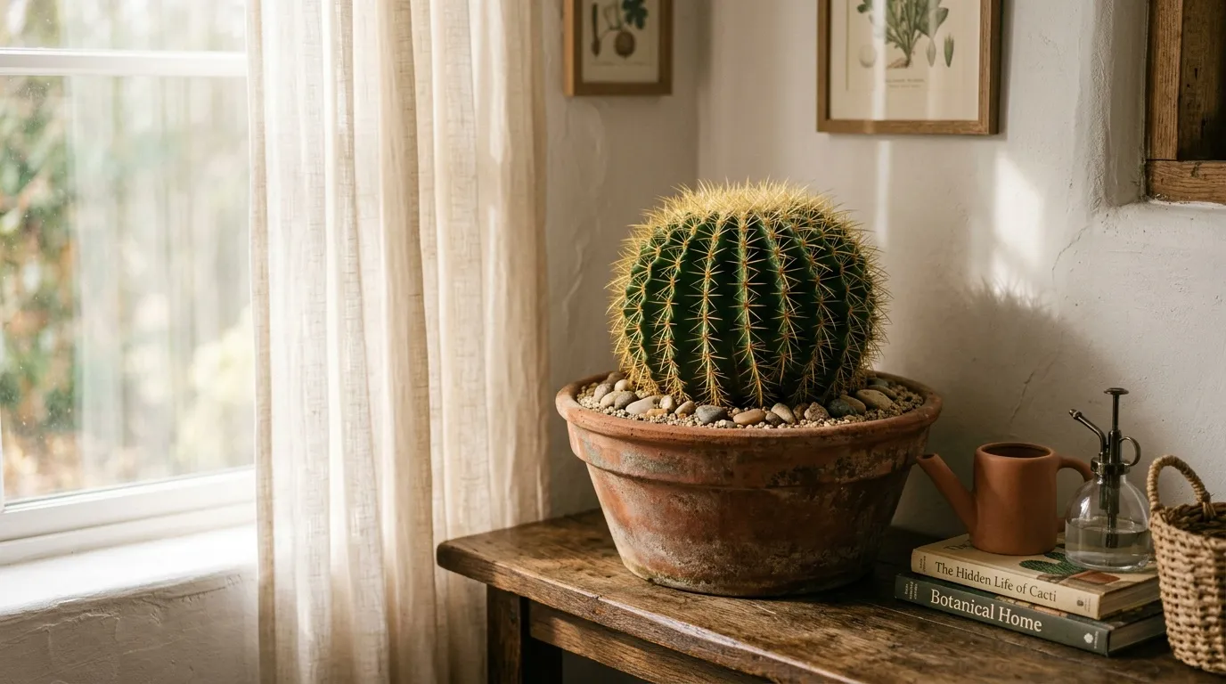 Cactus sphérique jaune-vert en pot terracotta sur table bois