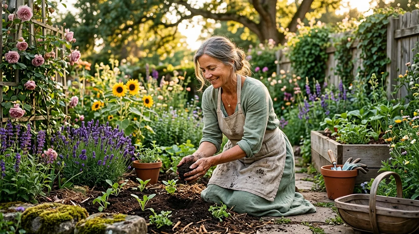 Femme plantant des fleurs dans son jardin ensoleillé