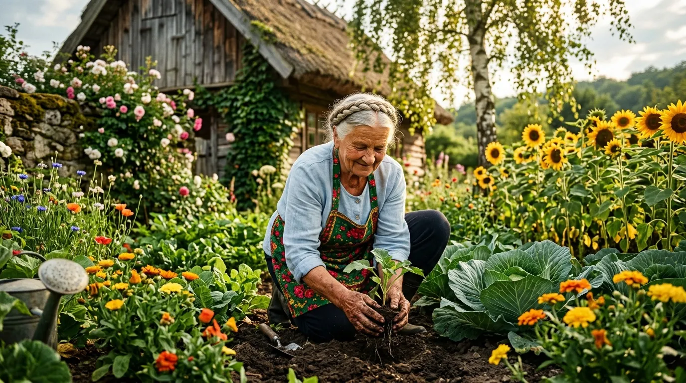 Femme âgée plantant des fleurs dans son jardin champêtre