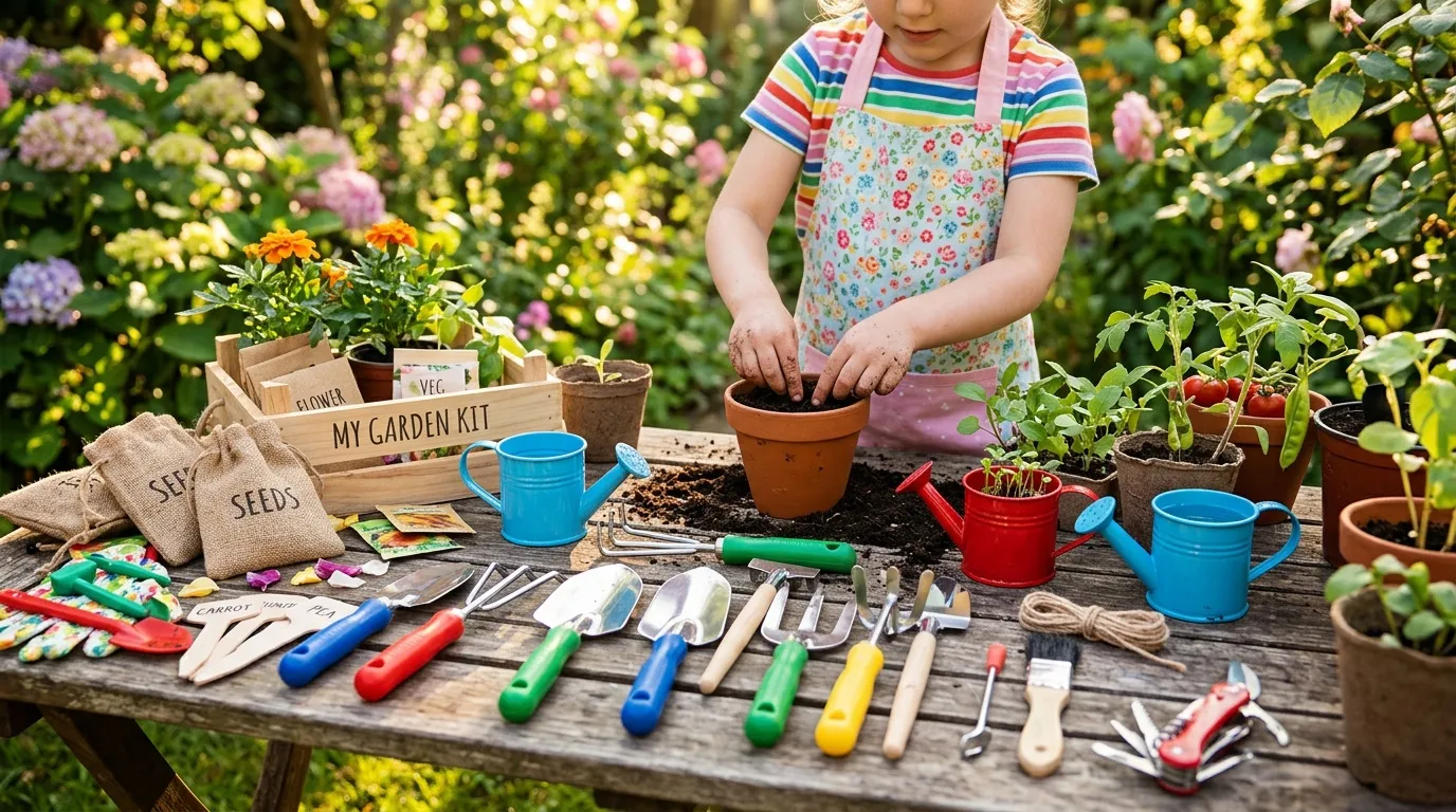 Jeune enfant plantant des fleurs avec outils de jardinage colorés