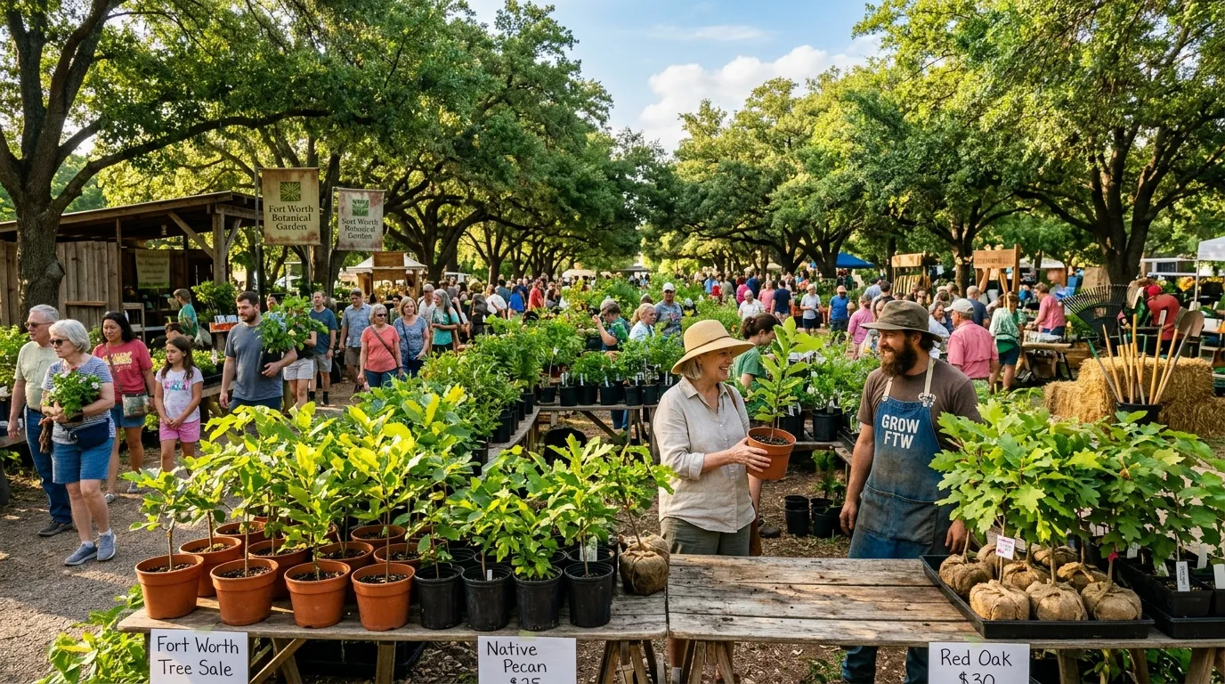 Foule visitant un marché de plants et arbres en plein air