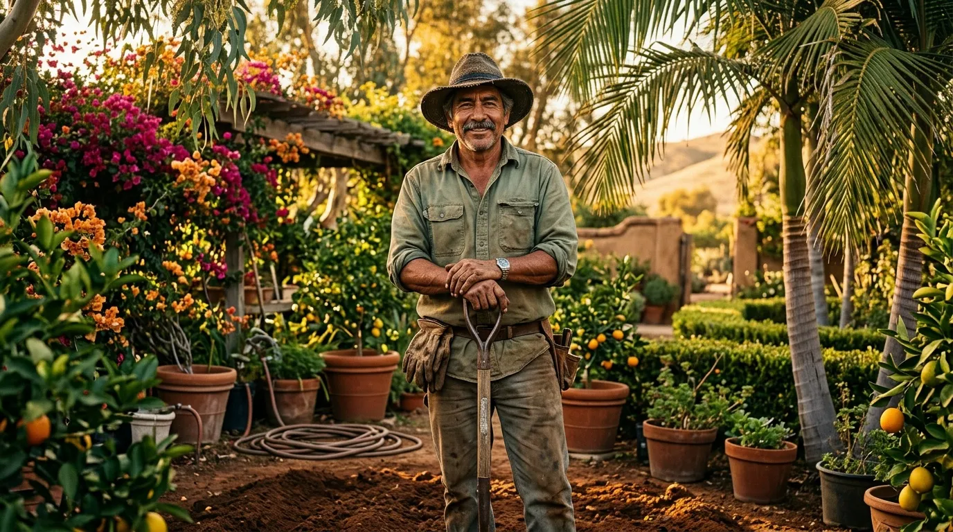 Jardinier sourinat dans un jardin coloré avec fleurs et plantes